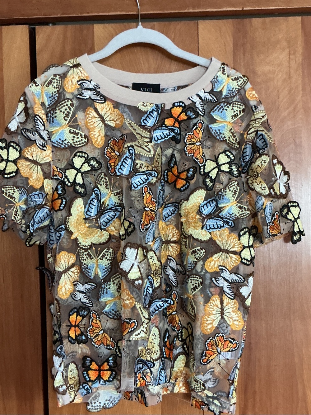 Vici Sheer Butterfly Embroidered Top in Blue, Orange, Yellow
